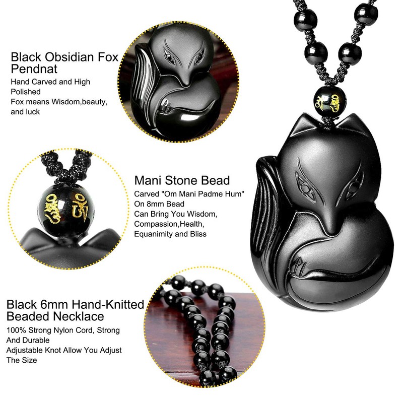 JSDDE Black Obsidian Crystal Hand Carved Fox Pendant Necklace Lucky
