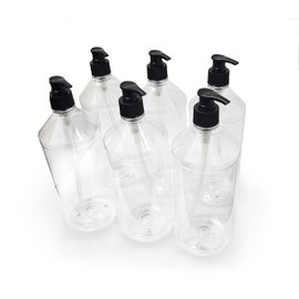 Saris and Things SNT Biotech 6 Pack 32 Ounce Plastic Pump Bottles, Empty Refillable Container Liquid Soap, Shampoo, Lotion, Cleaning Products Dispenser, Clear Round with Black Lockable Pump