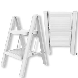 ISOP 2 Step Folding Aluminum Ladder | White Standing Ladder Foldable - Two Step Ladder | Anti-Slip Steps | Durable, Lightweight & Compact | Step Ladder for Household, Garage or Office