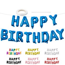 ROJINKADE 16 Inch Happy Birthday Balloons Banner Blue, Happy Birthday Foil Letter Balloons Birthday Bunting Banner Balloons for Kids Girls Boys Men Women Birthday Party Decorations Supplies