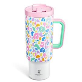 Meoky 40 oz Tumbler with Handle and Flip Straw, 100% Leakproof Tumbler with Lid and Straw, Stainless Steel Insulated Cup, Cupholder Friendly, Keeps Cold for 34 Hours (Leopard)