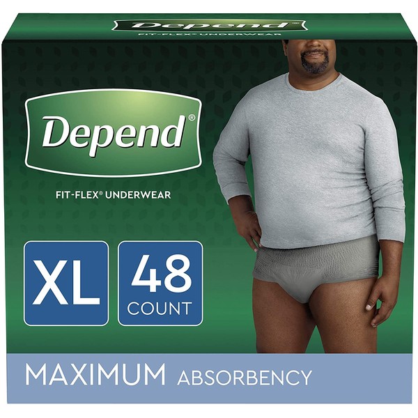 Depend FIT-FLEX Incontinence Underwear for Men, Maximum Absorbency, Disposable, Extra-Large, Grey, 48 Count (2 Packs of 24) (Packaging May Vary)
