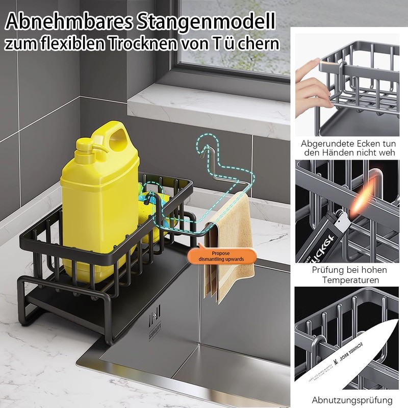 WITFAMILY Sink Organiser, Sink Organiser with Self-Draining Drain Tray, Sponge