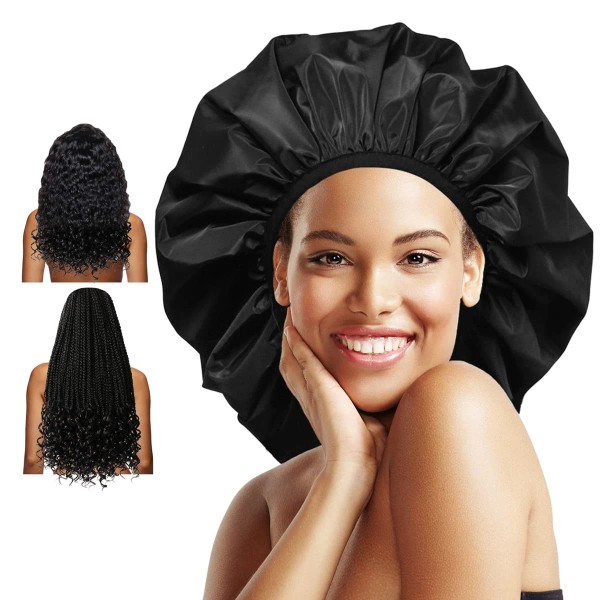 Auban Extra Large Shower Cap, Double-Layer Waterproof Reusable, XL Black