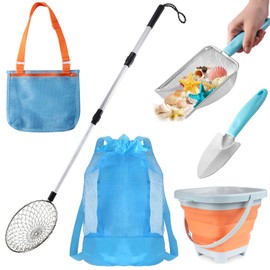 Beach Shell Collecting Bag Set, Mesh Shovel Shell Bags with Foldable Bucket (Blue Edition)
