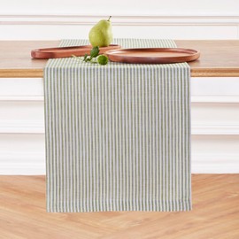 Solino Home Linen Table Runner 48 Inches - Narrow Stripe 100% Pure Linen Avocado and White Farmhouse Table Runner 14 x 48 Inch Ideal for Dresser and Coffee Tables - Summer