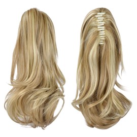 Sofeiyan 13" Ponytail Extension Long Curly Ponytail Clip in Claw Hair Extension Natural Looking Synthetic Hairpiece for Women,Light Ash Brown & Bleach Blonde