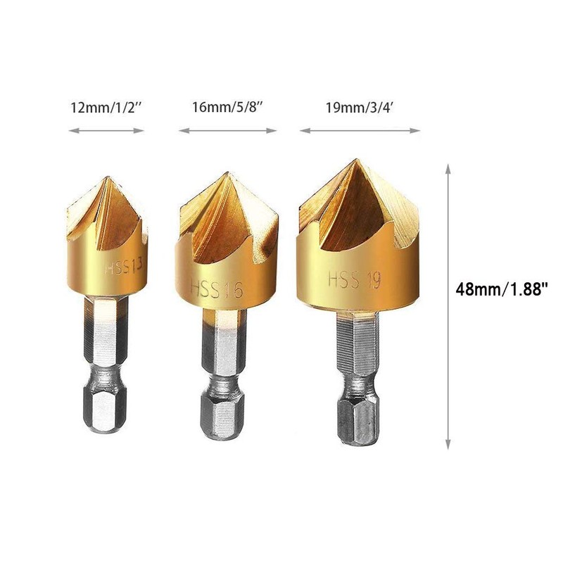 Countersink Drill Bit Set 3 Pcs 1/4'' Hex Shank High