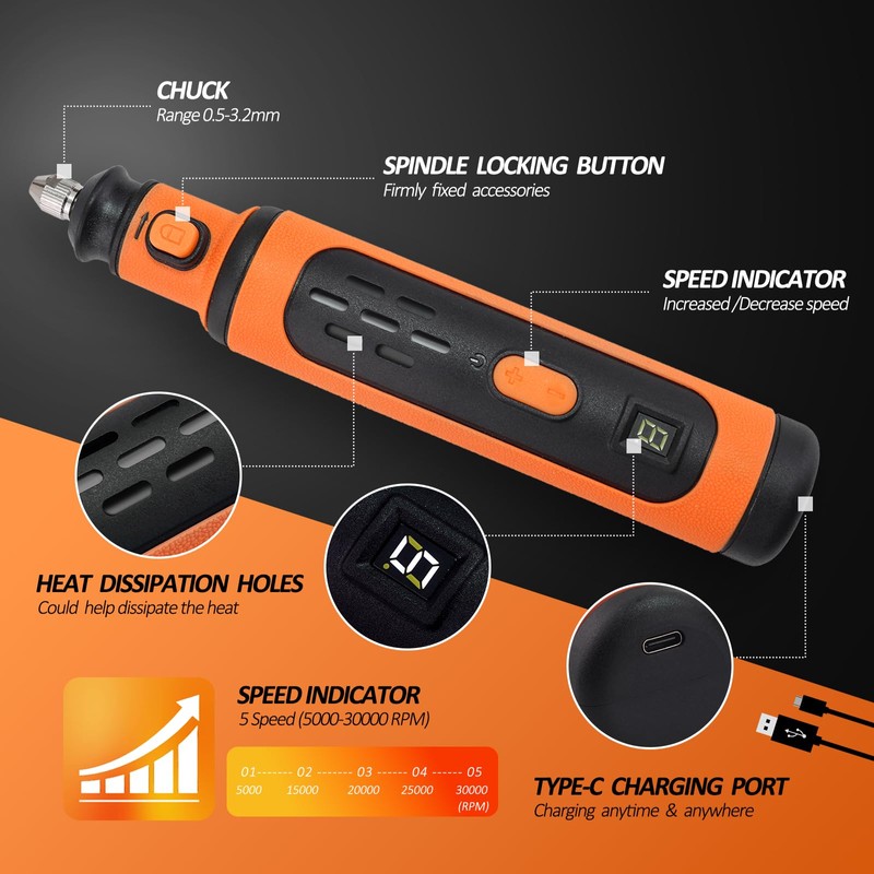 8V Cordless Rotary Tool Kit, 5-Speed rechargeable Kit, USB Charging