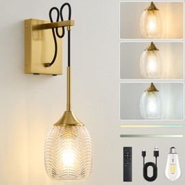 Deyidn Battery Operated Wall Sconce Rechargeable Wall Light with Dimmable Bulbs Cordless Wall Lamps with Striped Glass Lampshade for Bedroom Living Room Hallway (Gold)