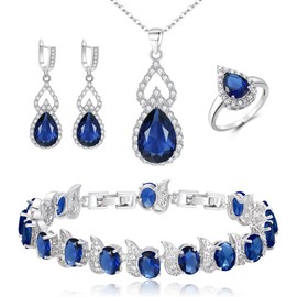 Clearine Jewellery Set for Women Silver Plated Sapphire Color Teardrop Cubic Zircon Necklace Open Adjustable Ring Earrings Bracelet Set for Wedding/Anniversary/Mother's Day, Cubic Zirconia