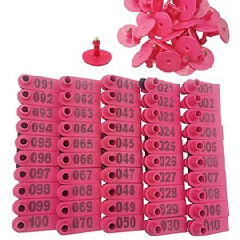 GMXZX 100PCS 001-100 Number Plastic Livestock Ear Tags Farm Animal Tags ID Tags Pink Green Blue Ear Tagger for Cow Cattle Sheep Goats Pigs Hogs Mark Label (Pink)