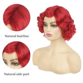 Amnenl Short Red Curly Wigs for Women 1920s Finger Wave Wigs Side Part Fluffy 40s 50s Costume Hair Wigs