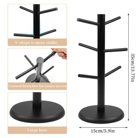 SUEOUX Kaffeetassenhalter, Tassenhalterbaum mit 6 Asthaken, Tassenständer Tassenhalter stehend für Arbeitsplatte Organisator schwarz