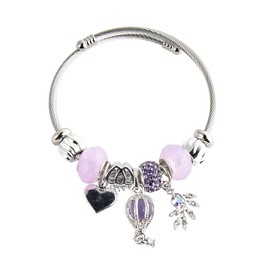 JASKFG Stainless Steel Cable Bracelet with Purple and Pink Beads, 20 cm