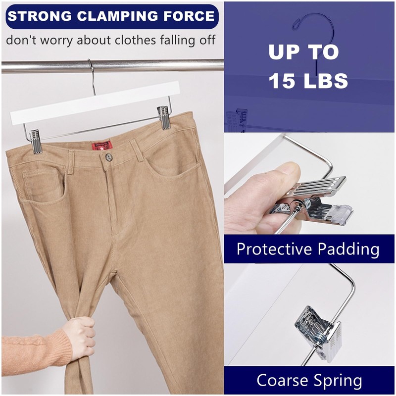 Amber Home 10 Pack White Wooden Pants Hangers with 2-Adjustable