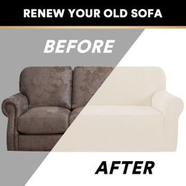 PrinceDeco Stretch Sofa Slipcover 1 Piece Sofa Cover for 3 Cushion Couch Furniture Protector/Cover Couch with Elastic Bottom Soft and Durable Sofa Cover Pet Protector (XL Sofa,Cream)