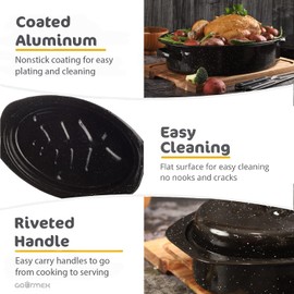 GOURMEX 7lb Round Black Ceramic Enamel Coated Roasting Pan | Dutch Oven Pot with Lid | Dishwasher Safe, Oven Safe, Freezer Safe | Ideal for Chicken, Turkey Roasting Pan