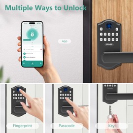 Smart Fingerprint Door Lock with APP Control, Keyless Entry Biometric Door Lever, Electronic Interior Door Handle with KeyPad, 4-in-1 Unlock Methods for Home Security,Black