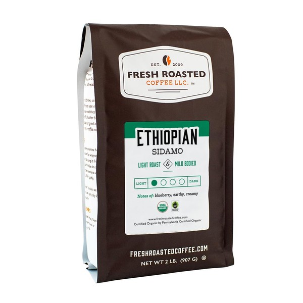 Fresh Roasted Coffee, Organic Ethiopian Sidamo, 2 lb (32 oz), Light Roast, Fair Trade Kosher, Whole Bean