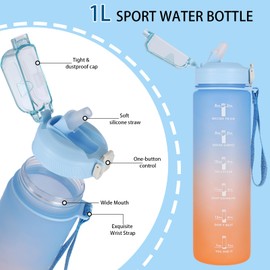 Fodlon Water Bottle, 1 Litre, Large Water Bottle with Straw, Time Marking, Leak-Proof Sports Bottle for Men, Women, Children, Fitness, Yoga, Gym, Outdoor, School, Offices, Matte Translucent (Black)