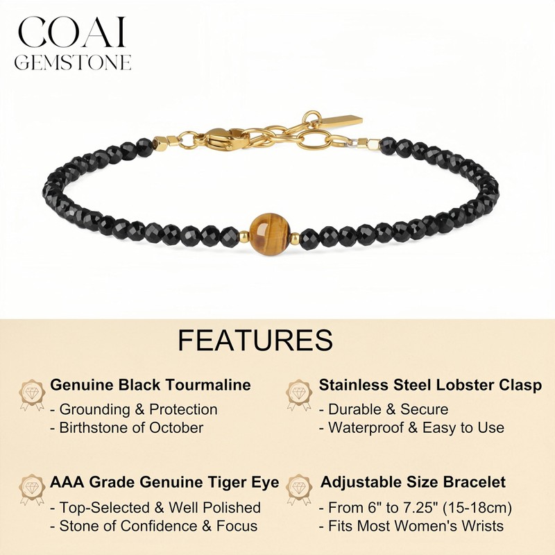 COAI Black Tourmaline Bracelet with Gemstone Beads for Women, Stone,