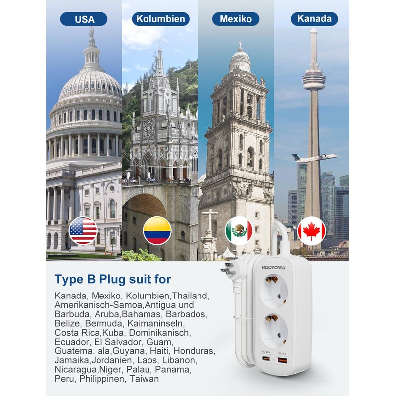 USA Adapter Socket, Travel Adapter with PD20W USB Quick Charge,