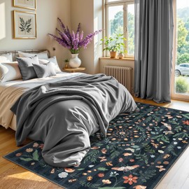 Lahome Insect Botanical Washable Black 5x7 Area Rugs for Living Room, Non Slip Rugs for Bedroom, Boho Indoor Throw Dining Room Rugs for Under Table Carpet for Entryway Kitchen Office(Black,5x7)