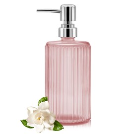 Glass Soap Dispenser - 17oz Ribbed Clear Glass Bottle with 304 Stainless Steel Pump, Refillable Soap Dispenser for Hand Dish Lotion Shampoo Conditioner for Kitchen Bathroom Countertop (Pink)