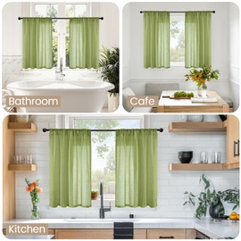 BGment Short Olive Green Curtains 36 Inch Length for Kitchen Cafe Window - Small Linen Drapes Rod Pocket Semi Sheer Textured for Bedroom Country Lightweight Natural Rustic, 2 Panels Set, 30 X 36 Inch