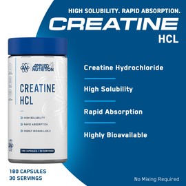 Applied Nutrition Creatine HCL Capsules, 3g Creatine Per Serving, Creatine Hydrochloride Supplement for Men & Women, Strength & Power Training Support (180 Capsules – 30 Servings) (Unflavoured)