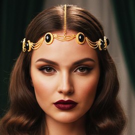 GORAIS Black Rhinestone Head Chain Jewelry Gold Egyptian Headband Forehead Costume Headpiece for Women