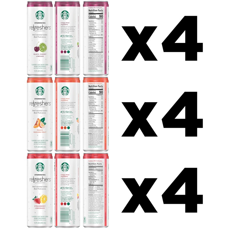 Starbucks Refreshers, 3 Flavor Variety Pack (Peach,Cherry, Stw Lmd), 12