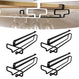 SAMSYOKI 4 Pezzi Porta Bicchieri da Vino Sospeso Supporto per Calici di Vino Sottopensile Rack per Calici Senza Foratura Scolabicchieri Vino in Metallo per Bar Ristorante Cucina (Nero)