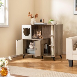 PETSITE Cat Litter Box Enclosure, Multifunctional Hidden Litter Box with Sisal Scratching Posts, Cat Condo, Litter Box Cabinet Furniture with 5 Metal Supporting Legs and Multiple Storage Space