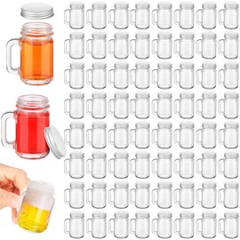 Mifoci 100 Pieces 1 oz Mini Mason Jar Shot Glasses with Lids Mason Jar Drinking Glasses with Handles Reusable Mugs Transparent Cups Set for Home Picnic Party,dessert, Candle, Craft