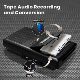 Cassette Player & Recorder with USB Lapel Microphone - USB Player & Portable Tape to MP3 Digital Converter with Headphone Jack, Dual Power (AC/Battery), Retractable Carry Handle