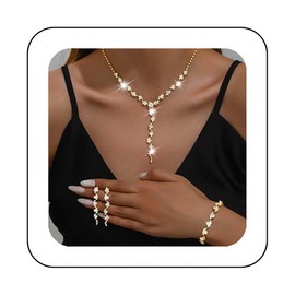 Reaky Bridal Jewelry Sets Silver Rhinestone Necklace 3 Pcs Bride Jewelry Necklaces for Wedding (Gold)