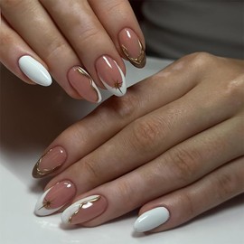 French Tip Press on Nails Almond Fake Nails with 3D Gold Line Sun Design White Acrylic False Nails Press ons Medium Glossy Full Cover Stick on Nails for Women Manicure 24Pcs