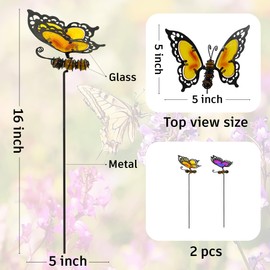 Voumsil Butterfly Garden Stakes - Glass and Metal Kit, Colorful Decorations for Garden (Yellow and Purple)