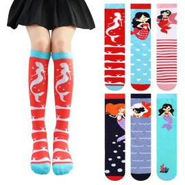 PHOGARY 6 Pairs Girls Knee High Socks, Cute Socks Odd Socks Colorful Cartoon Animal Welly Socks Warm Cotton Crazy Fun Kids Mid Calf Long Boot Socks for 3-12 Years Girls, One Size (Mermaid)