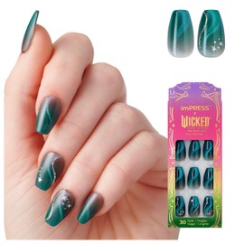 imPRESS X WICKED: FOR GOOD Press On Nails, â€˜Unleash Your Magicâ€™, Green, Medium Coffin, New Improved Adhesive, Up To 10 Day Hold, Includes 30 Fake Nails, 1 Prep Pad, 1 Manicure Stick, 1 Mini File