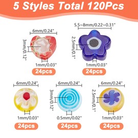 arricraft 120 Pcs Millefiori Glass Beads, 5 Styles Multi-Coloured Flower Lampwork Crystal Beads Round Heart Flat Round Shape Beads Loose Spacer Beads for Jewelry Making Bracelet Necklace