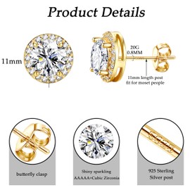 JeweBella Stud Earrings 925 Silver for Women - Hypoallergenic Round Birthstone Earrings 8 mm - Brilliant Large Cubic Zirconia Earrings Silver 925 Stud, copper