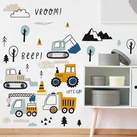 Mulaibdin 37 pcs Cartoon Bulldozer Digger Wall Stickers, Adorable Baby Boys Room Decor, Hand-painted Style Crane Truck Wall Decals for Bedroom Nursery, Construction Wall Murals Peel and Stick (37PCS)