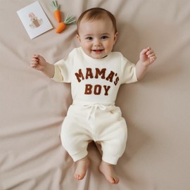 Newborn Boy Clothes Mamas Boy Baby Grow Waffled Long Sleeve Onesie Romper with Elastic Drawstring Pants for Infant Boys Spring Autumn 2Pcs Outfit Clothing Sets (Beige, 0-3 Months)