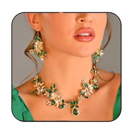 Yean Gold Bridal Jewelry Set Rhinestone Necklace and Earring Set Crystal Costume Prom Jewelry for Women and Bride (Gold-green)