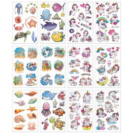 12 Blatt Glitzer Tattoos für Kinder, 100+ Stile Temporäre Tattoos für Mädchen & Jungen, Partytütenfüller für Kinder Geburtstagsgeschenke, Einhorn & Meerestier Gefälschte Tattoo-Aufkleber, Festival