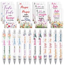 Wxiben Spanish Bible Verse Gifts for Women 24 Pcs Inspirational Scripture Pens Notebook Christian Floral Ballpoint Pens Journals Religious Faith Gifts for Prayer Sunday School Church Christmas