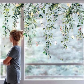 Whaline Whaline 9 Sheets Summer Flowers Window Clings Eucalyptus Flower Window Stickers Spring Plant Hanging Vine Floral Leaf Reusable Static Window Decals for Wedding Party Home Decor Supplies